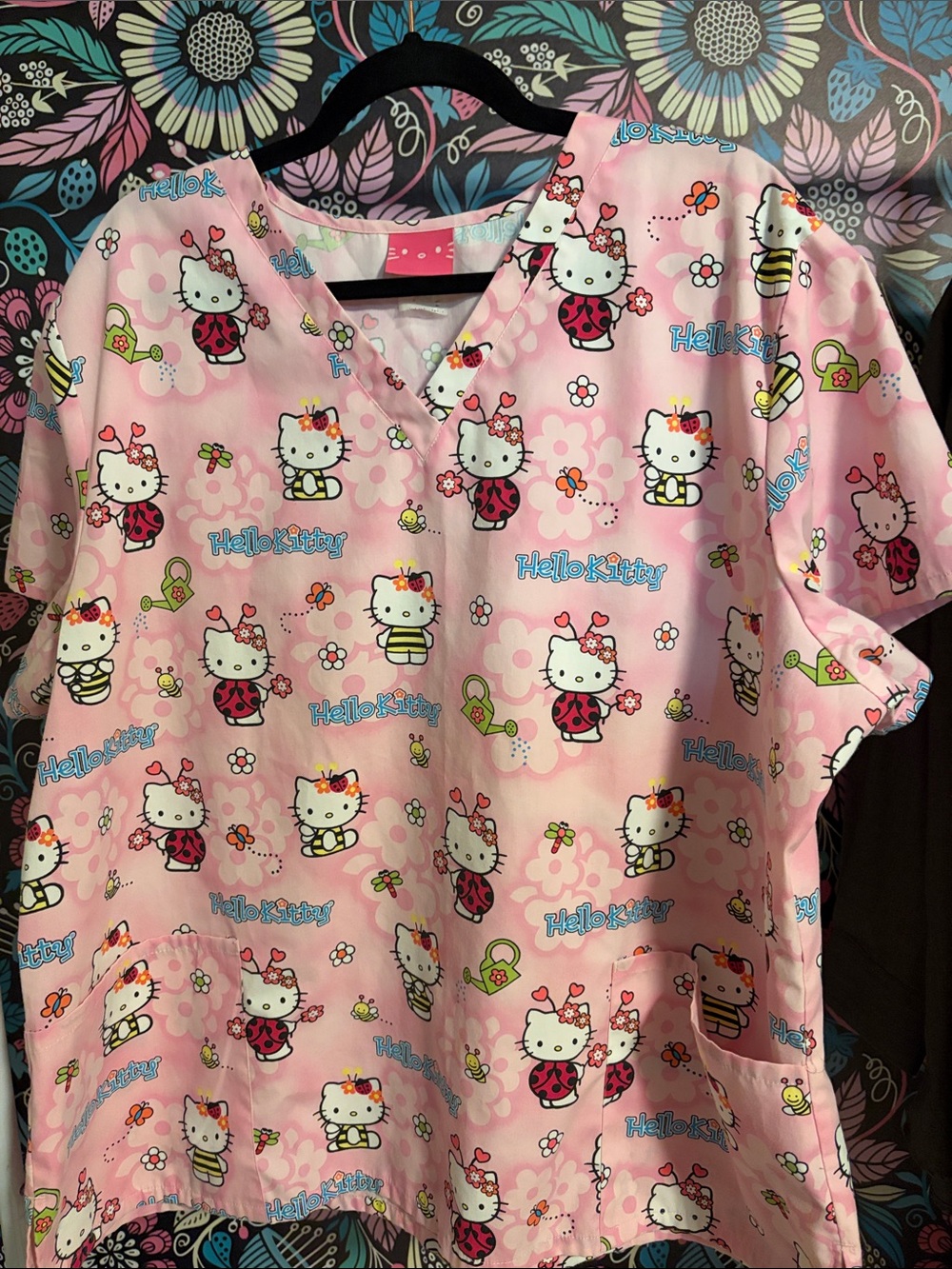 Hello Kitty Pink Floral & Character Print Scrub Top